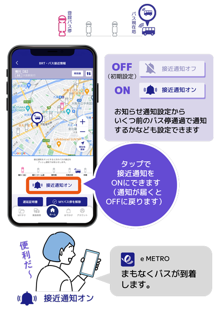バス接近情報で乗りたいバスの接近通知をオンにすると、次やってくるバスが近づくとおしらせします